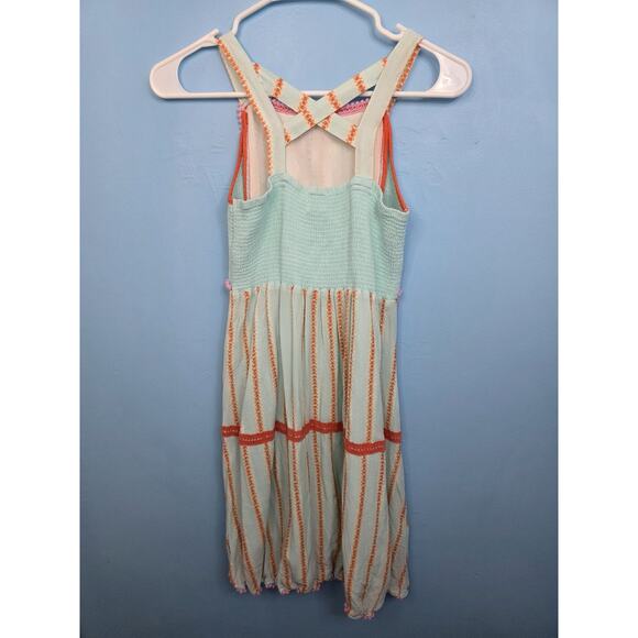 435 by Matilda Jane Dress Girls 12 Turquoise Orange Trim Smocked Back Sundress - Picture 4 of 5